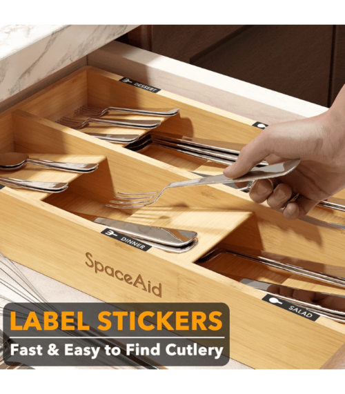 Bamboo Silverware Drawer Organizer with Labels