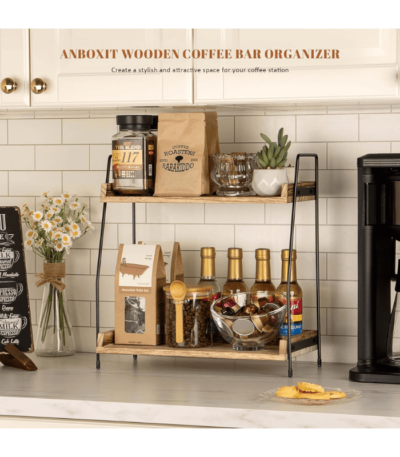 2 Tier Wooden Shelf for Coffee Bar Accessories