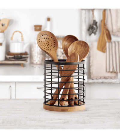 Steel, Wood Utensil holder for Kitchen Counter