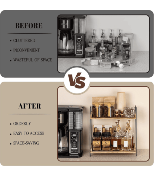 2 Tier Wooden Shelf for Coffee Bar Accessories