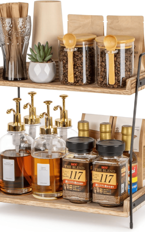 2 Tier Wooden Shelf for Coffee Bar Accessories
