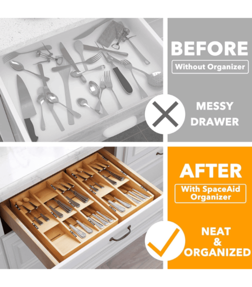Bamboo Silverware Drawer Organizer with Labels