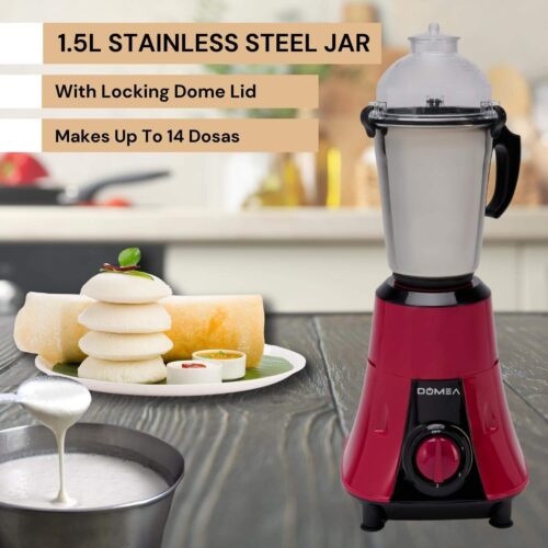 DOMEA® 2-in-1 Mixer Grinder – 550W Powerful Copper Motor 1.5L Liquid Jar + 400ml Chutney Jar 3 Speed + Pulse Stainless Steel Jars & Blades 2-Year Warranty