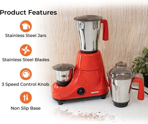 Geepas 750W 3-in-1 Mixer Grinder GSB5081N Stainless Steel Jars & Blades, 3 Speed, Twist Lock Safety Wet & Dry Grinding, Mixing, Juicing – 2-Year Warranty